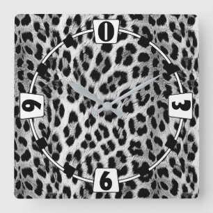 Black and white monochrome, leopard pattern square wall clock