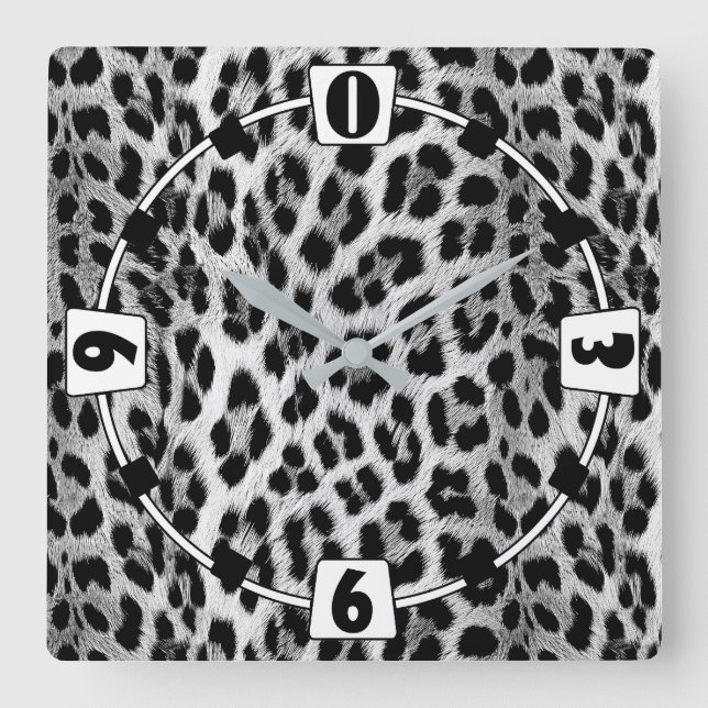 Black and white monochrome, leopard pattern square wall clock (Front)