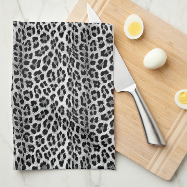 Black and white monochrome, leopard pattern tea towel (Quarter Fold)