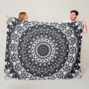 Black and White Monochrome Mandala Pattern Fleece Blanket