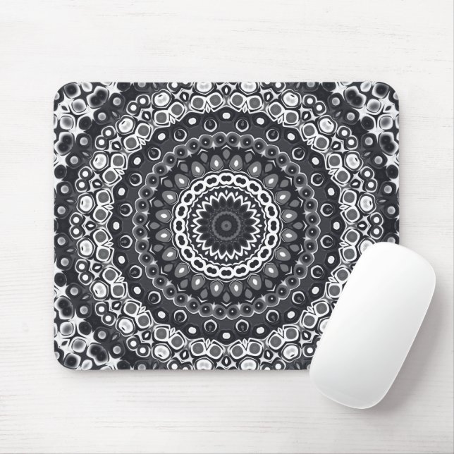 Black and White Monochrome Mandala Pattern Mouse Mat (With Mouse)