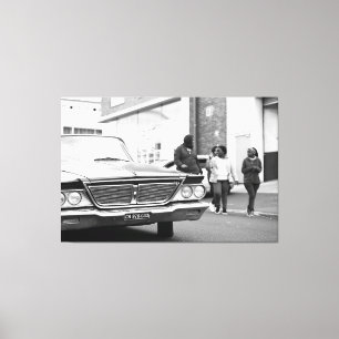 Black And White Monochrome Old Car People City Canvas Print