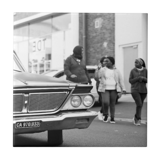 Black And White Monochrome Old Car People City Tile (Front)