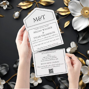 Black and White Monochrome QR Code Wedding All In One Invitation