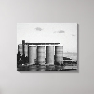 Black And White Monochrome Rural Grain Silos Canvas Print