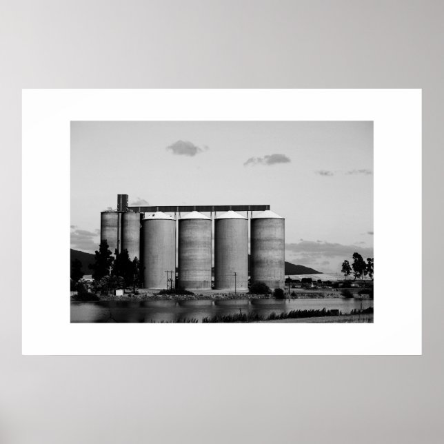 Black And White Monochrome Rural Grain Silos Poster (Front)