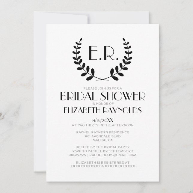 Black And White Monogram Bridal Shower Invitations (Front)