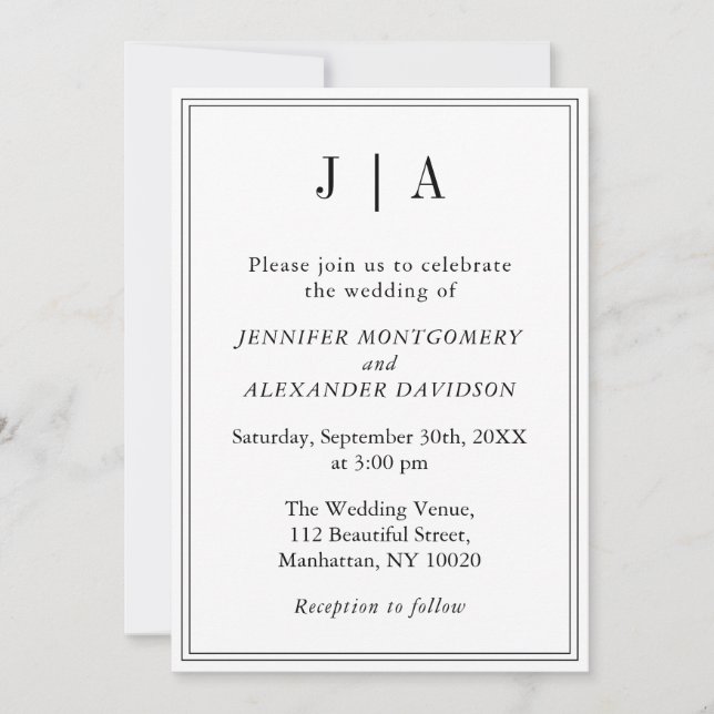 Black And White Monogram Couple Name Modern Simple Invitation (Front)