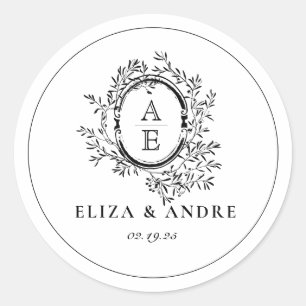 Black and White Monogram Crest Wedding Classic Round Sticker