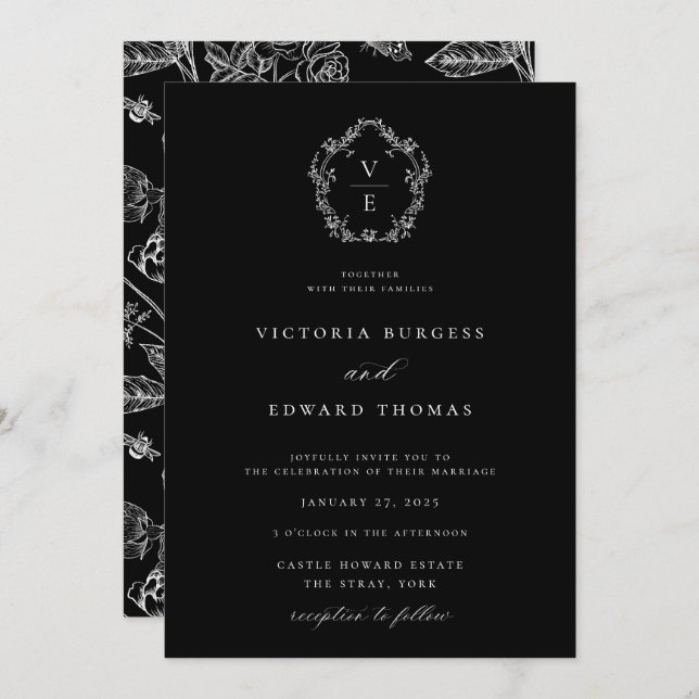 Black and White Monogram Crest Wedding Invitation (Front/Back)