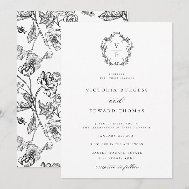 Black and White Monogram Crest Wedding Invitation (Front/Back)