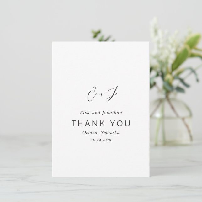 Black and White Monogram Elegant Wedding Thank You Card (Standing Front)