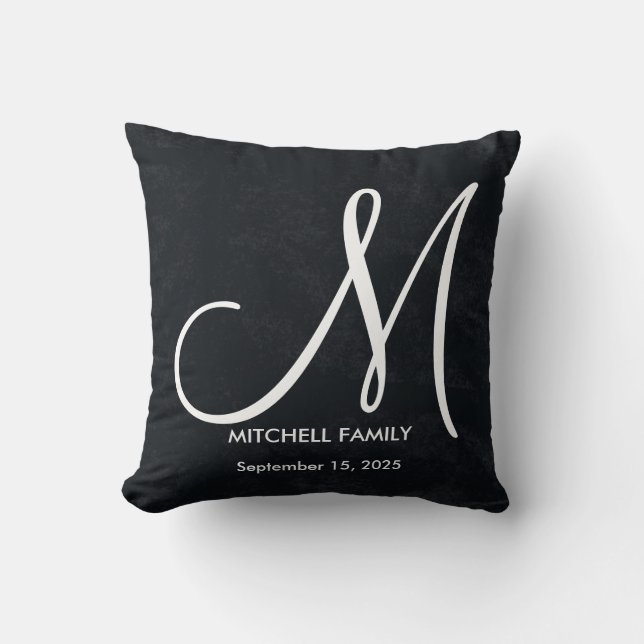 Black and White Monogram Family Wedding Square Cushion (Front)