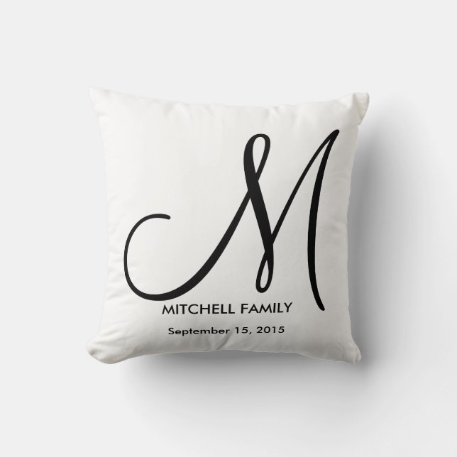 Black and White Monogram Family Wedding Square Cushion (Front)