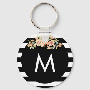 Black And White Monogram Floral Keychain