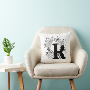 Black and White Monogram Floral Pillow