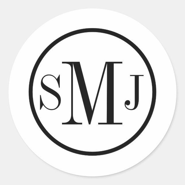 Black and White Monogram Full Colour Customisation Classic Round Sticker (Front)