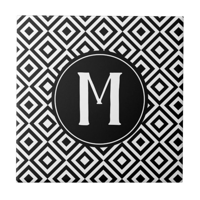 Black and White Monogram Geometric Diamond Pattern Tile (Front)