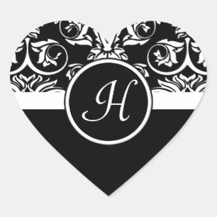 Black and White Monogram Heart Damask Stickers