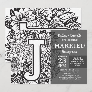 Black and White Monogram J Tattoo Flowers Wedding Invitation