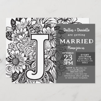 Black and White Monogram J Tattoo Flowers Wedding Invitation