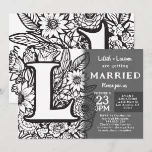 Black and White Monogram L Tattoo Flowers Wedding Invitation