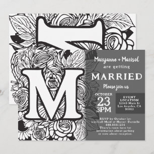 Black and White Monogram M Tattoo Flowers Wedding Invitation