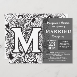 Black and White Monogram M Tattoo Flowers Wedding Invitation