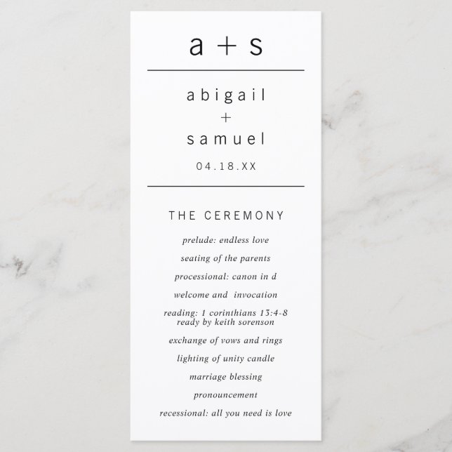 Black and White Monogram Modern Minimalist Wedding Programme (Front)