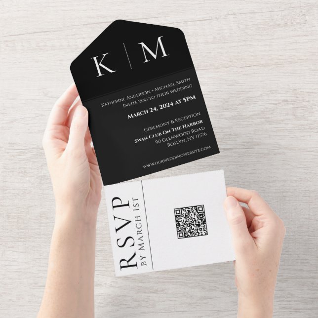 Black and White-Monogram-Modern-Wedding- All In One Invitation (Tearaway)