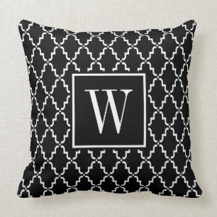 Black and White Monogram Moroccan Quatrefoil Cushion