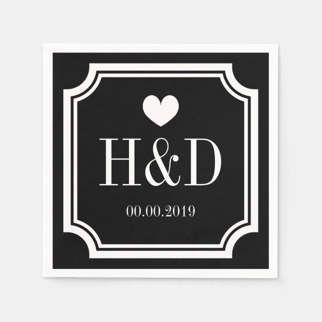 Black and white monogram paper napkins for wedding (Front)
