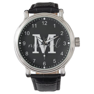 black and white monogram personalised men watch