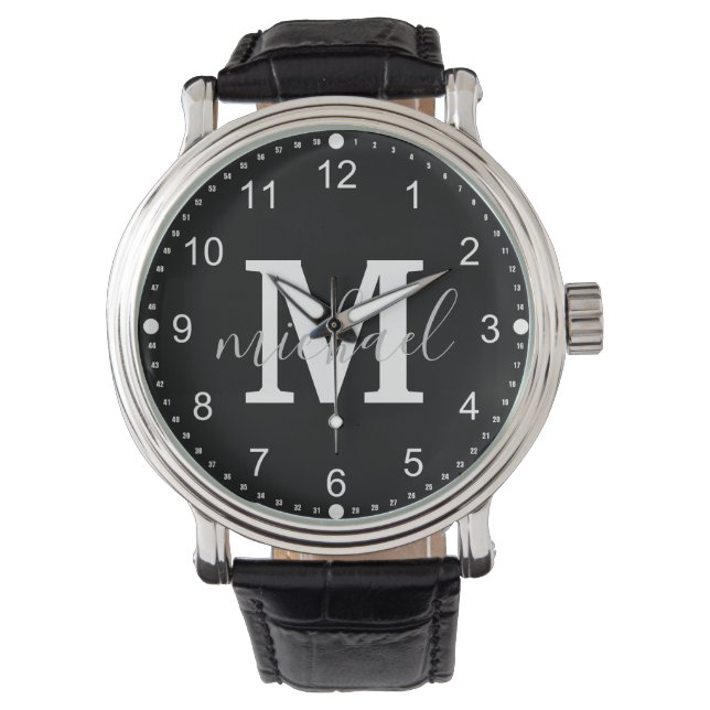 black and white monogram personalised men watch (Front)