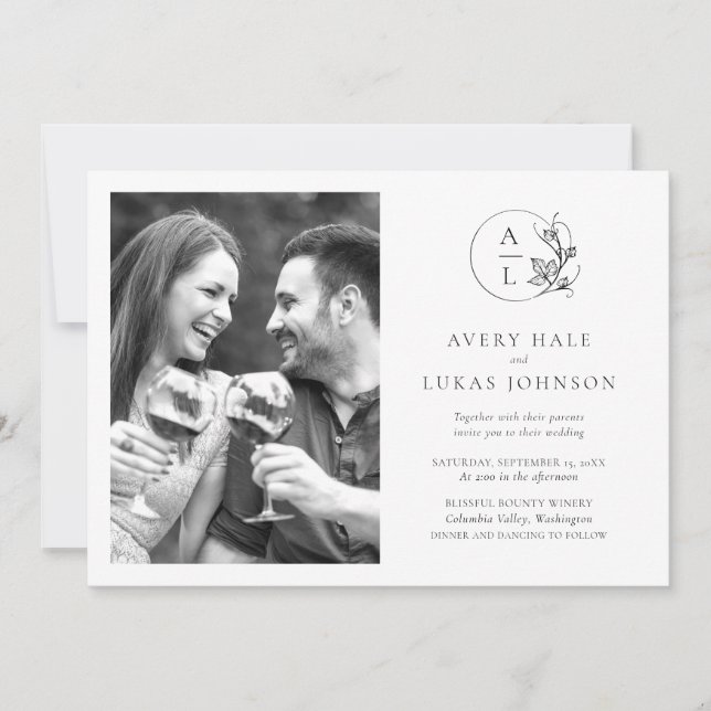 Black and White Monogram Photo Wedding Invitation (Front)