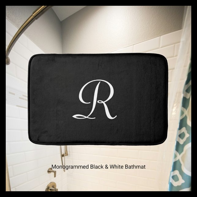 Black and White Monogram Plush Minimalist Simple Bath Mat (Creator Uploaded)