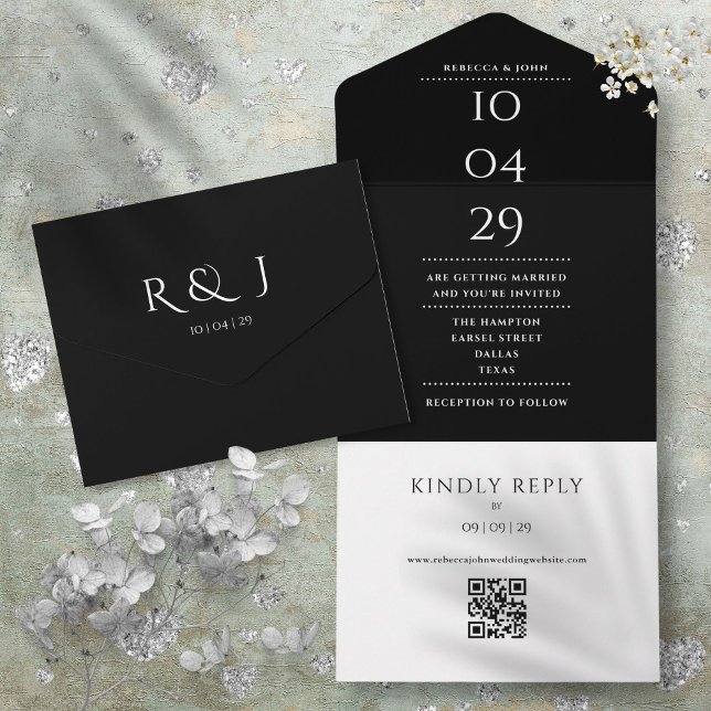 Black And White Monogram QR Code Wedding Date All In One Invitation (Black An White Monogram QR Code Wedding Date All In One Invitation)