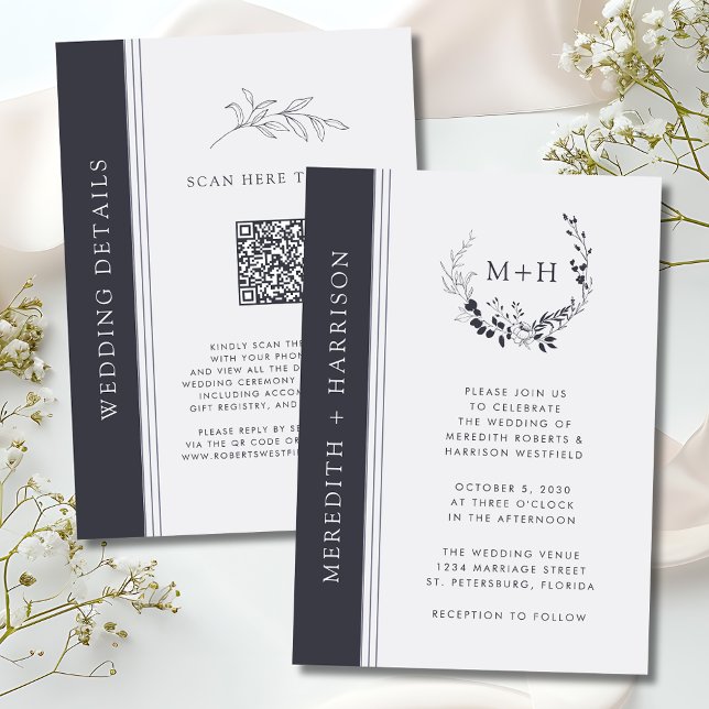 Black and White Monogram QR Code Wedding Invitation (Monogram Black and White QR Code RSVP Inked Botanical Wedding Invitation)