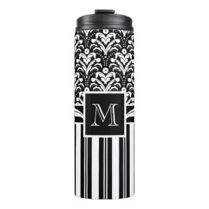 Black and White Monogram Retro Floral Damask Thermal Tumbler