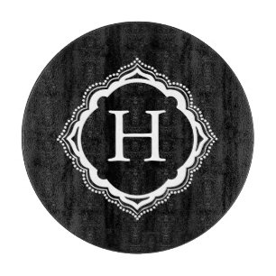Black and White Monogram Round Glass Cutting Board