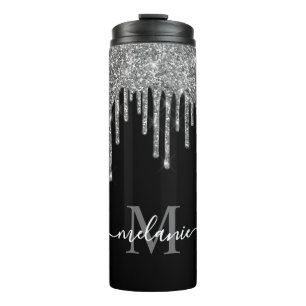 Black and White Monogram Silver Glitter Drip Thermal Tumbler