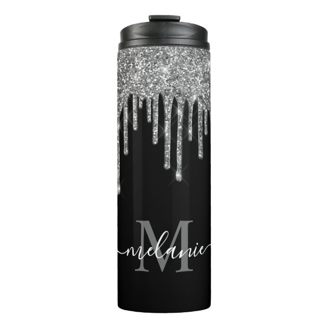 Black and White Monogram Silver Glitter Drip Thermal Tumbler (Front)