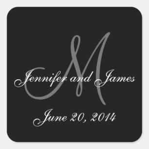 Black and White Monogram Square Wedding Labels