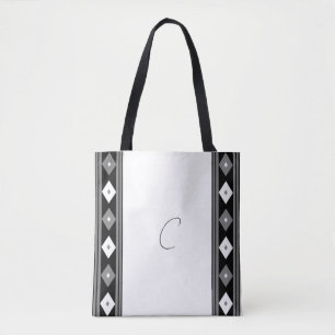 Black and White Monogram Stripes and Diamond   Tote Bag