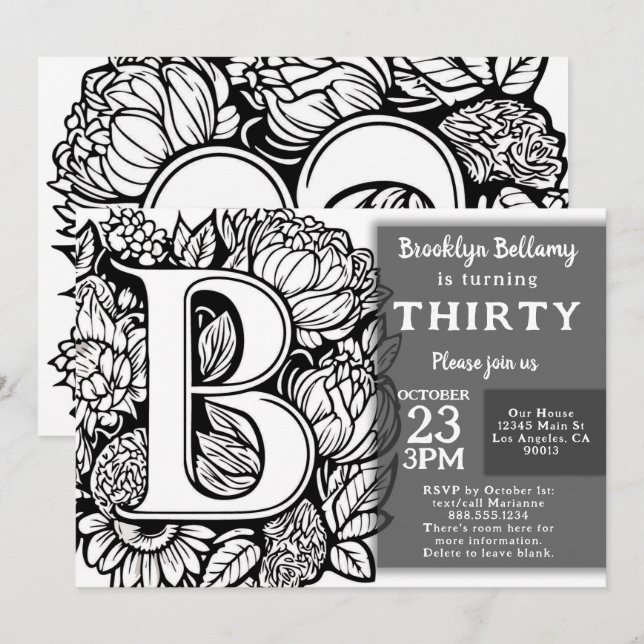 Black and White Monogram Tattoo Flowers Birthday  Invitation (Front/Back)