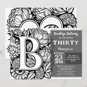Black and White Monogram Tattoo Flowers Birthday  Invitation
