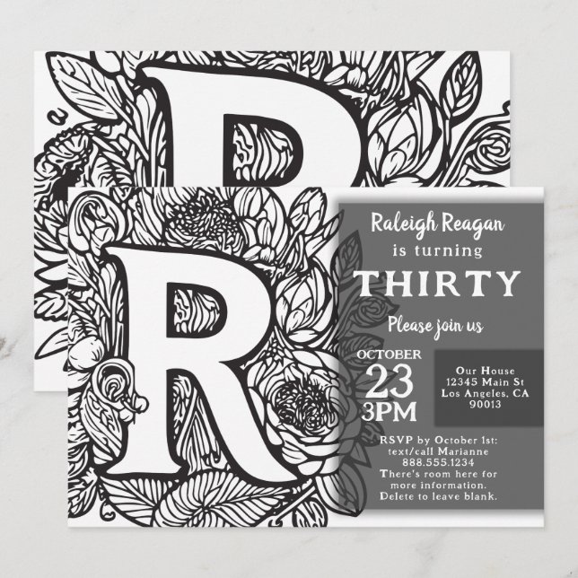 Black and White Monogram Tattoo Flowers Birthday  Invitation (Front/Back)