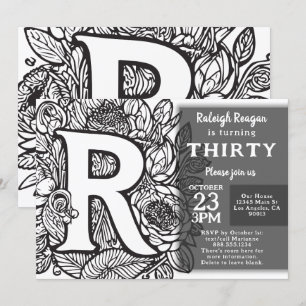 Black and White Monogram Tattoo Flowers Birthday  Invitation