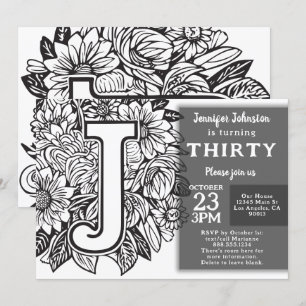 Black and White Monogram Tattoo Flowers Birthday  Invitation