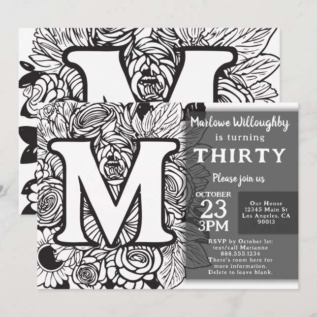 Black and White Monogram Tattoo Flowers Birthday  Invitation (Front/Back)